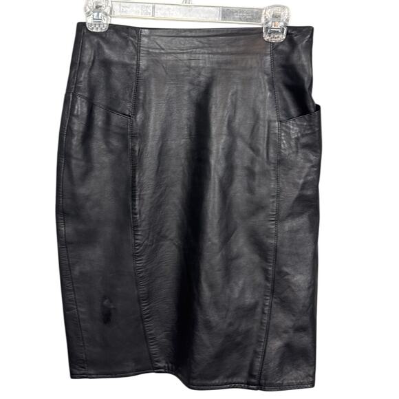 Vintage Lambskin Leather Pencil Skirt Side Pockets Knee Length Black SZ 6 EREZ - Picture 1 of 9